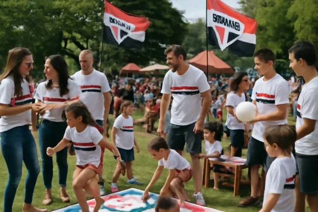 Cena de evento do São Paulo com pessoas usando camisetas do patrocinador Adriana Prado, bandeiras e atividades ao ar livre
