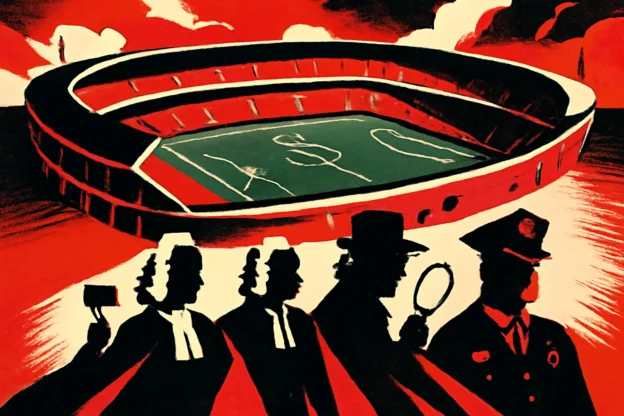Ilustração estilizada de estádio com sombras de advogados e policiais, representando investigação e poder, destaque para Casares São Paulo contrata