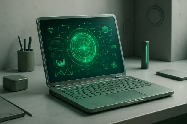 Renderização de notebook futurista em ambiente minimalista com materiais reciclados, efeitos de AR e conectividade, destaque para notebooks 2026 ia sustentabilidade.