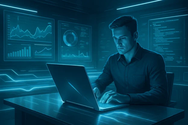 Cena de trabalho com notebook 2026 hardware avançado em ambiente futurista com telas holográficas