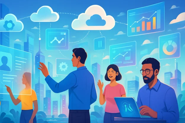 Ilustração futurista de cidade com interfaces digitais e pessoas interagindo com hologramas, promovendo notebooks 2026 software ia.