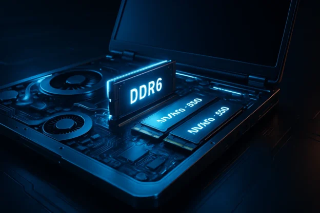 Imagem 3D de um notebook futurista com memória armazenamento notebooks 2026 destacada, luzes LED azuis e detalhes tecnológicos avançados.