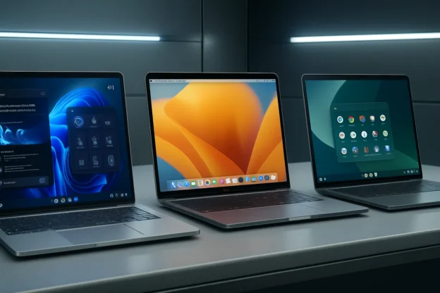 Imagem de três notebooks futuristas exibindo sistemas operacionais 2026 Windows, macOS e ChromeOS com design moderno