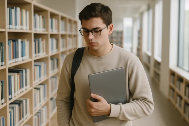 Estudante com notebooks para estudantes em 2026 caminhando por uma biblioteca moderna, foco na portabilidade e autonomia.